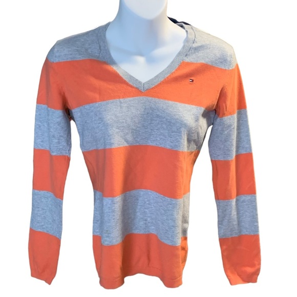 Tommy HILFIGER V-NECK ORANGE & GREY STRIPED SWEATER SIZE XS - Picture 2 of 5